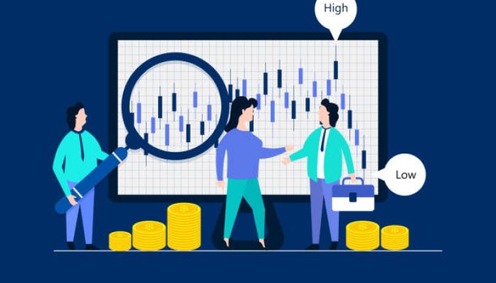short selling stock market strategy concept with people analysis data on chart with modern flat style vector